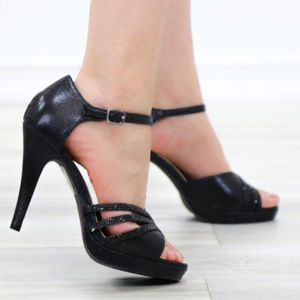 Shimmery Black Satin Platform Heeled Stiletto Sandal - Picture 6 of 11
